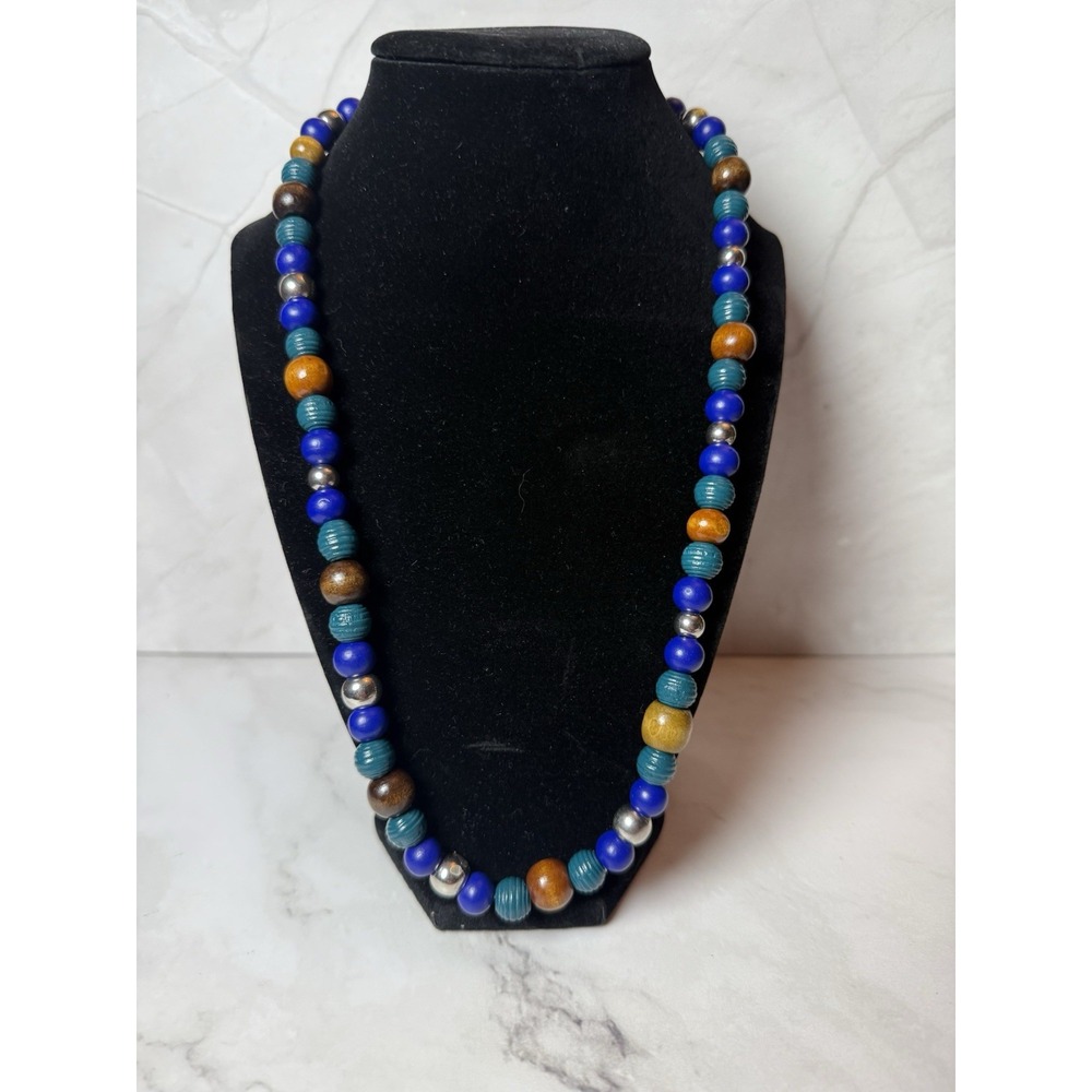 handmade multicolor beaded becklace, blue‎ green browns